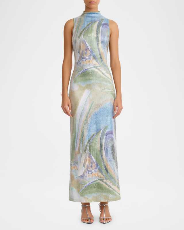 Lucinda Mock-Neck Sequined Abstract-Print Maxi Dress